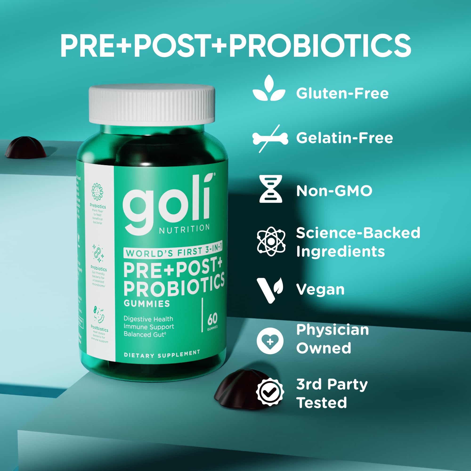 Goli Pre+Post+Probióticos Gomitas empaque seguro y práctico para uso diario.