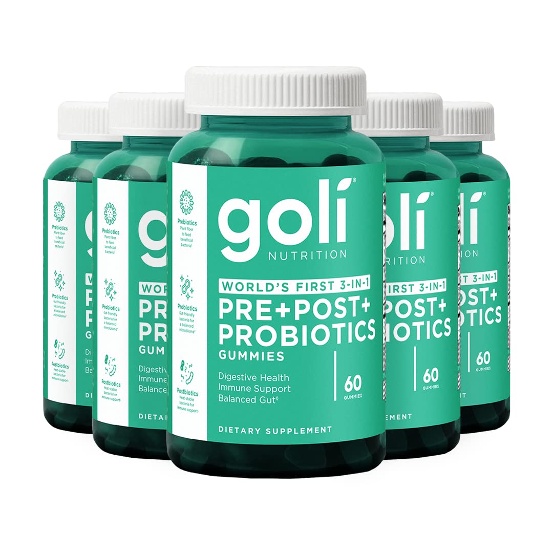 Goli Pre+Post+Probióticos Gomitas frasco frontal, sabor agradable y apoyo diario para la digestión.