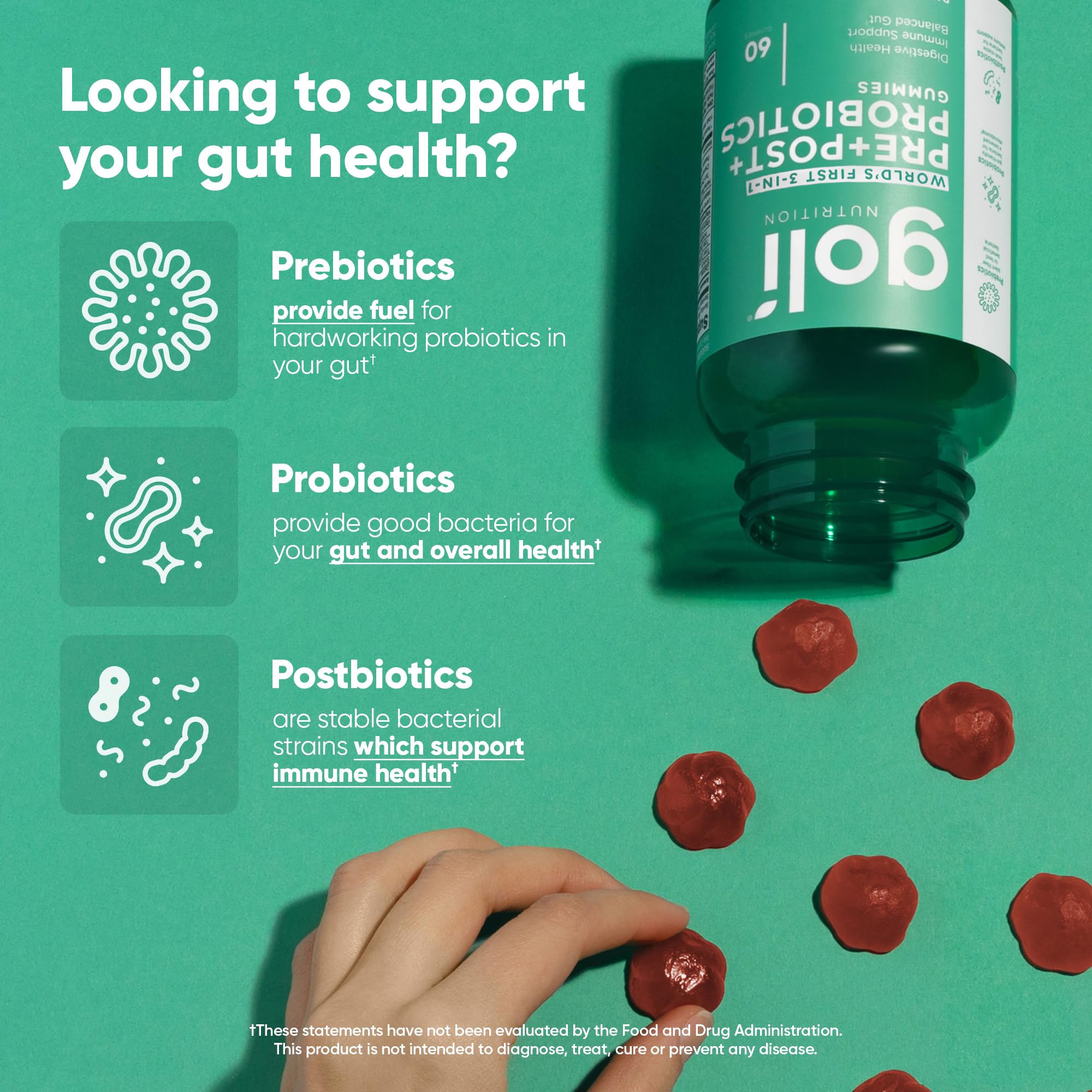 Goli Pre+Post+Probiotics Gomitas: botella en mesa para uso diario