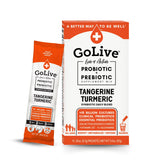 GoLive sinbiotico mandarina y cúrcuma en polvo en bote para uso diario.
