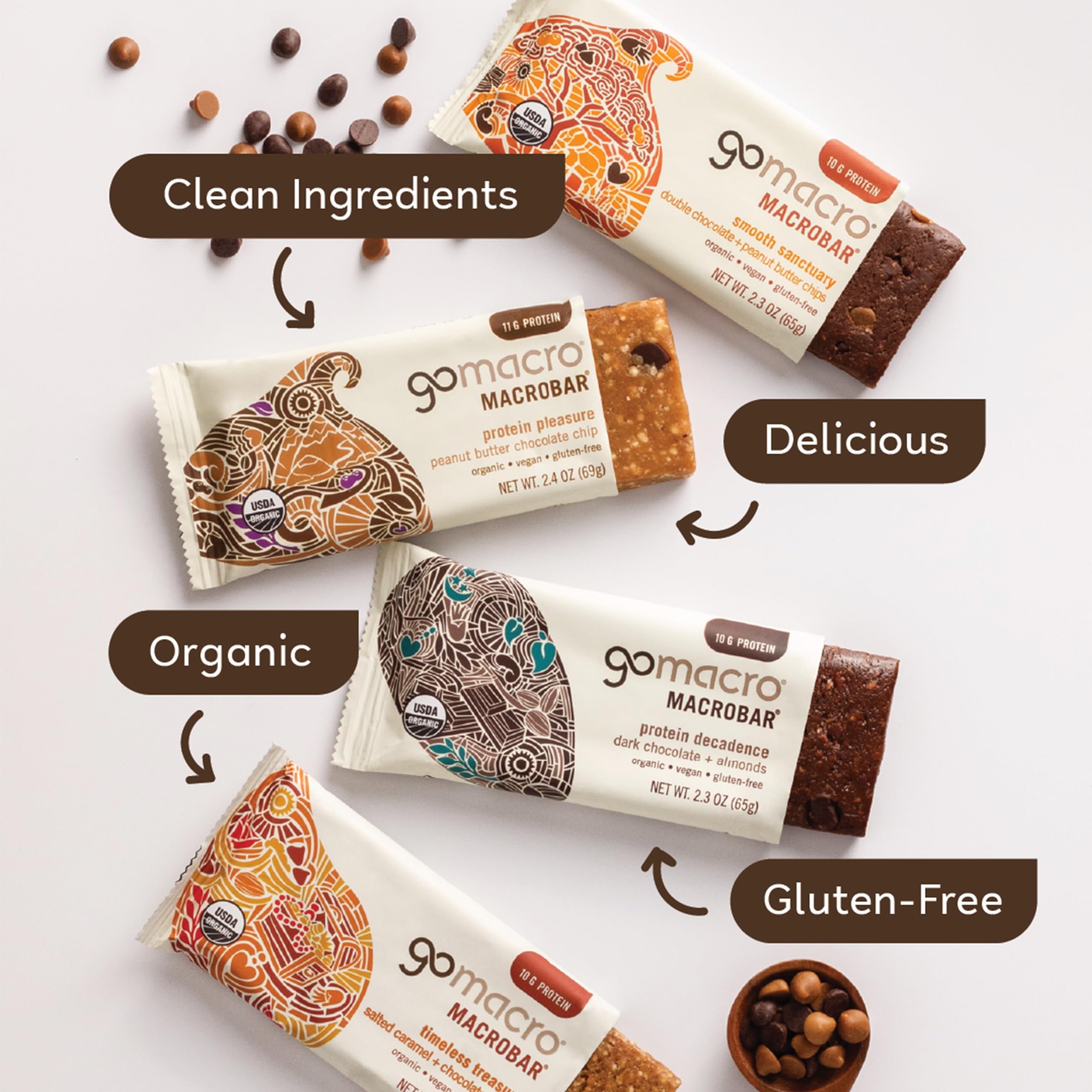 GoMacro MacroBar coco mantequilla de almendra con chispas, snack energético para recargar energía.