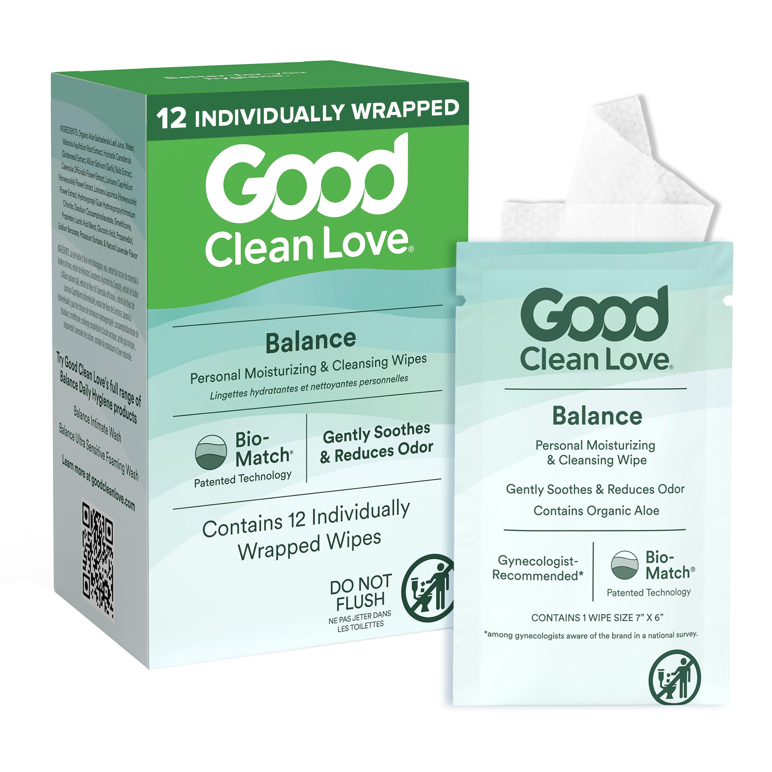 Good Clean Love Balance Wipes empaque frontal para higiene íntima diaria y sensación de frescura.