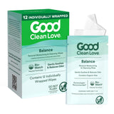 Good Clean Love Balance Wipes empaque frontal para higiene íntima diaria y sensación de frescura.