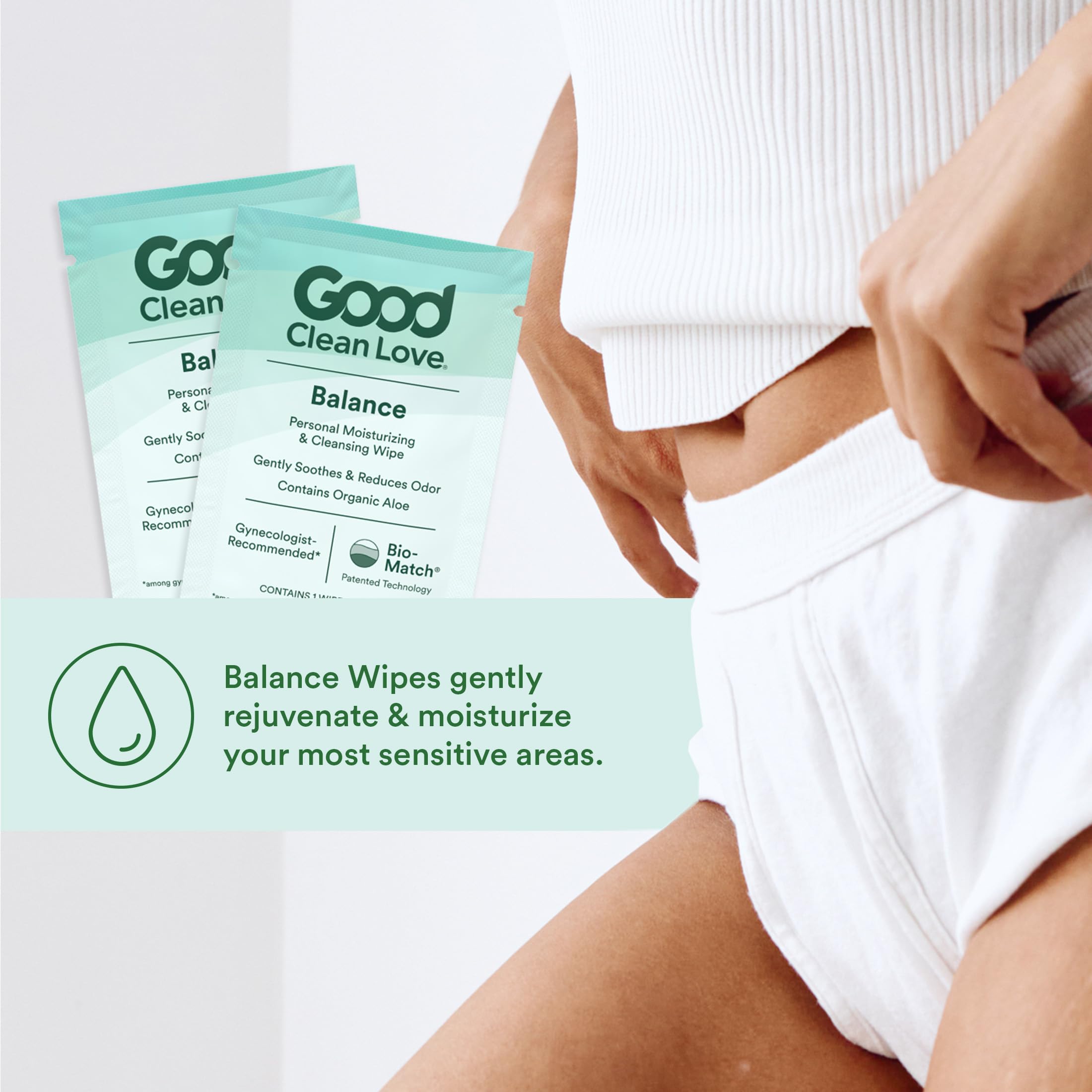 Good Clean Love Balance Wipes paquete de 12 unidades para conveniencia diaria.