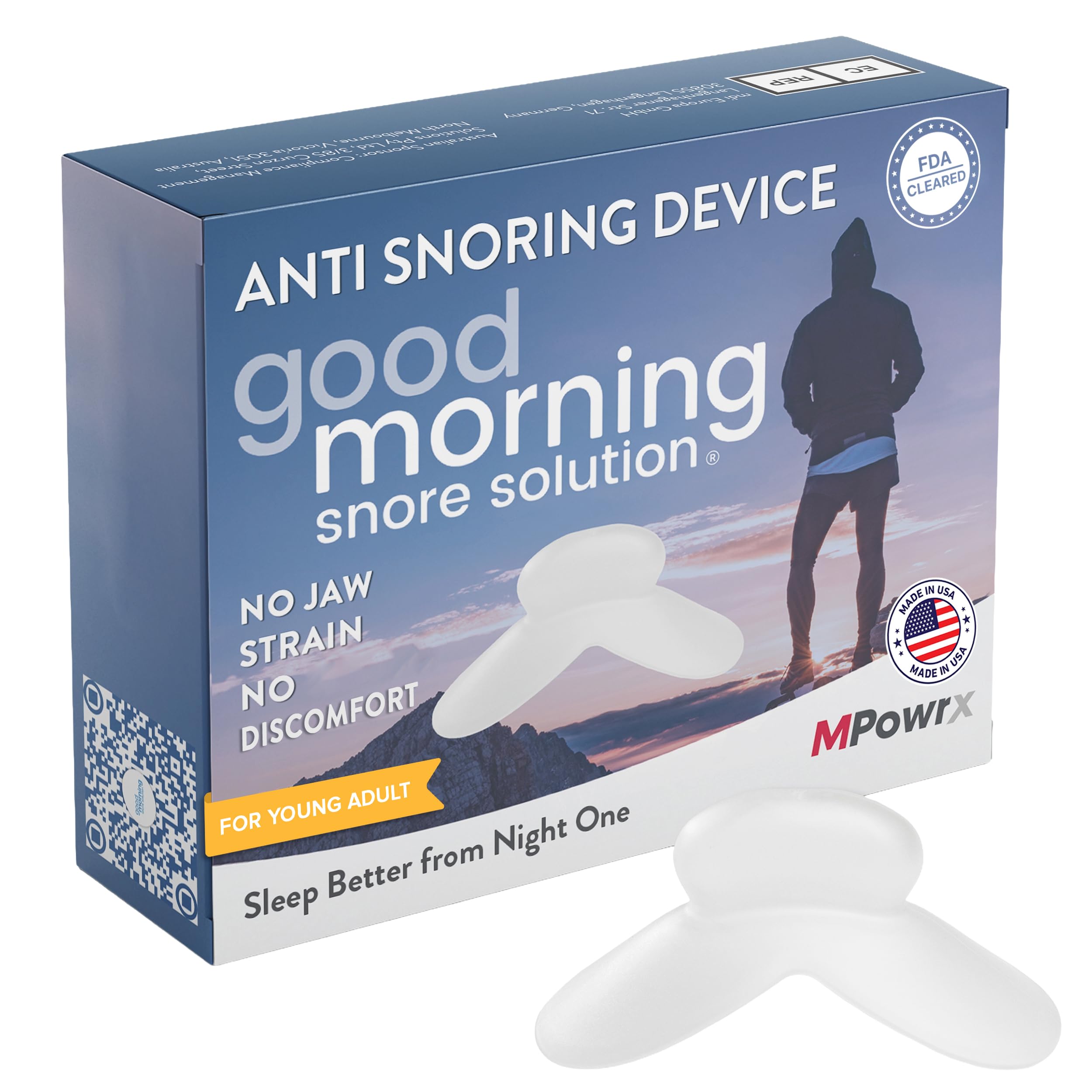 Good Morning Snore Solution muestra ajuste para boca pequeña y comodidad nocturna.