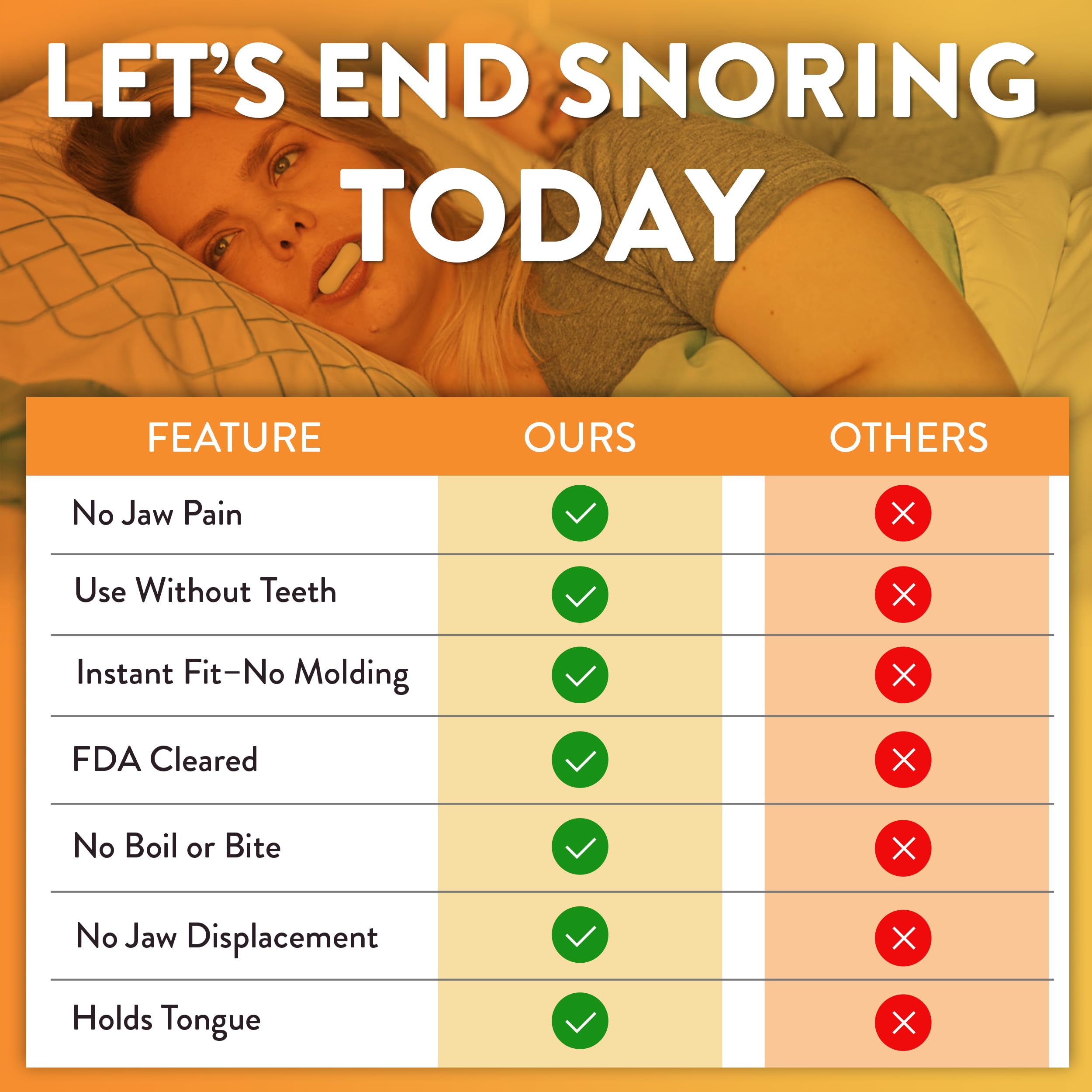 Good Morning Snore Solution diseno de una pieza facilita uso sin ajustes.