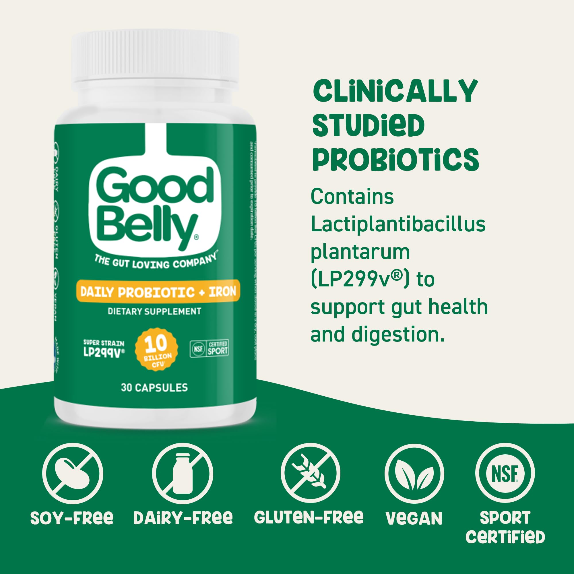 GoodBelly cápsulas veganas libres de alérgenos para dietas sensibles.