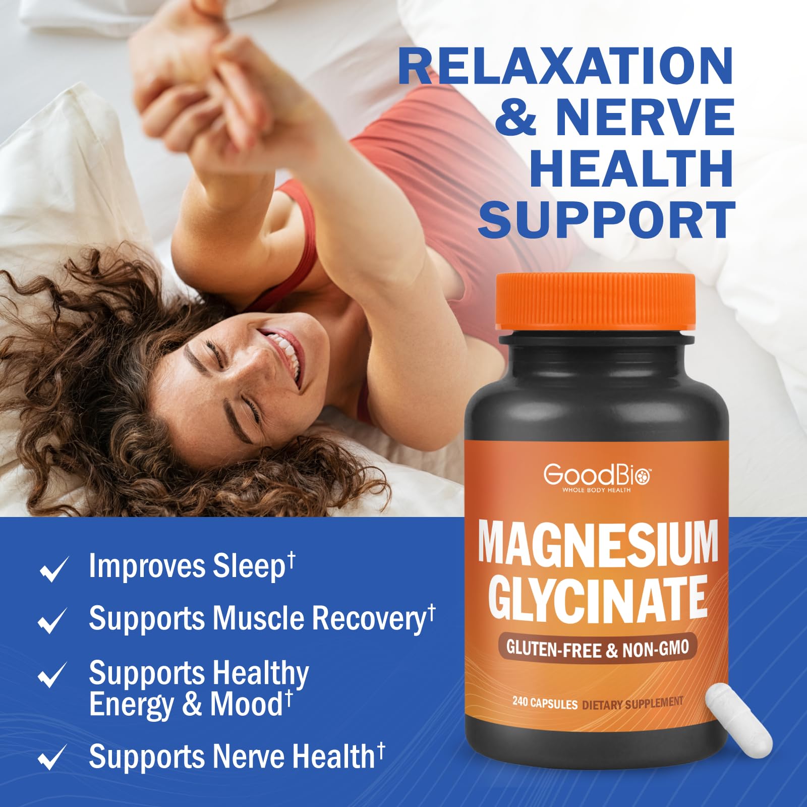 Botella GOODBIO Magnesium Glycinate con 240 cápsulas, lista para plan de uso diario.