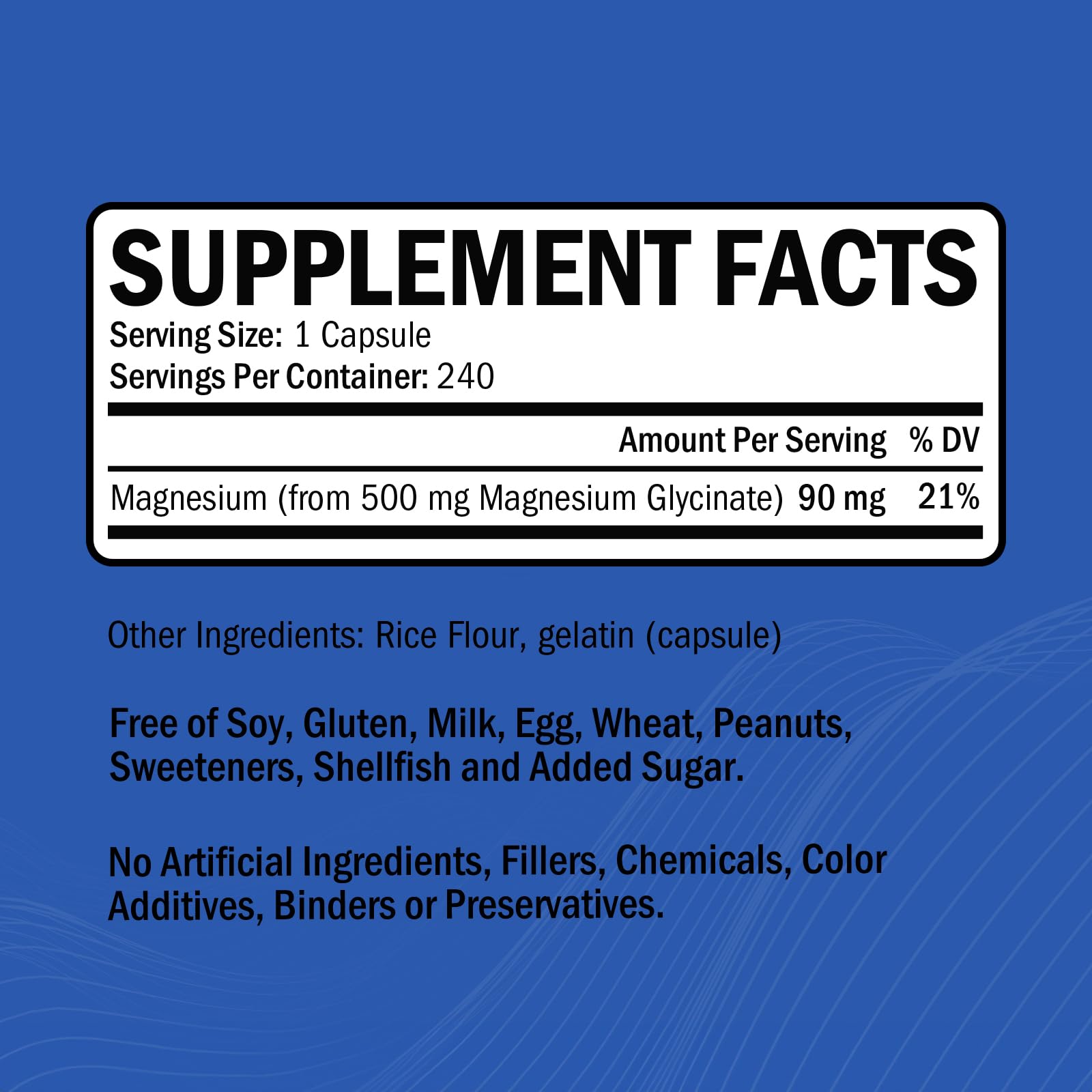 Etiqueta de GOODBIO Magnesium Glycinate señalando libre de gluten y sin OGM.