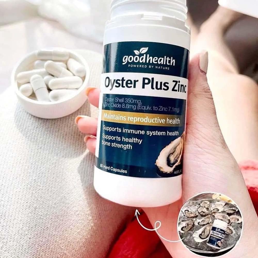 Goodhealth Oyster Plus, etiqueta frontal visible, para verificar calidad y origen marino