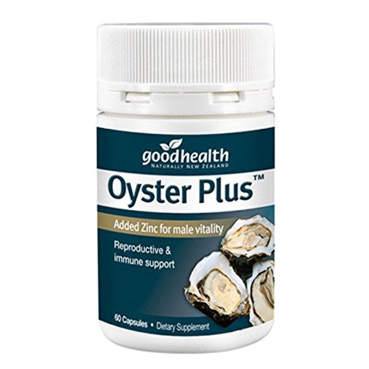 Cápsulas Good Health Zinc Plus con extracto de ostra, botella visible, posible apoyo al sistema inmune.