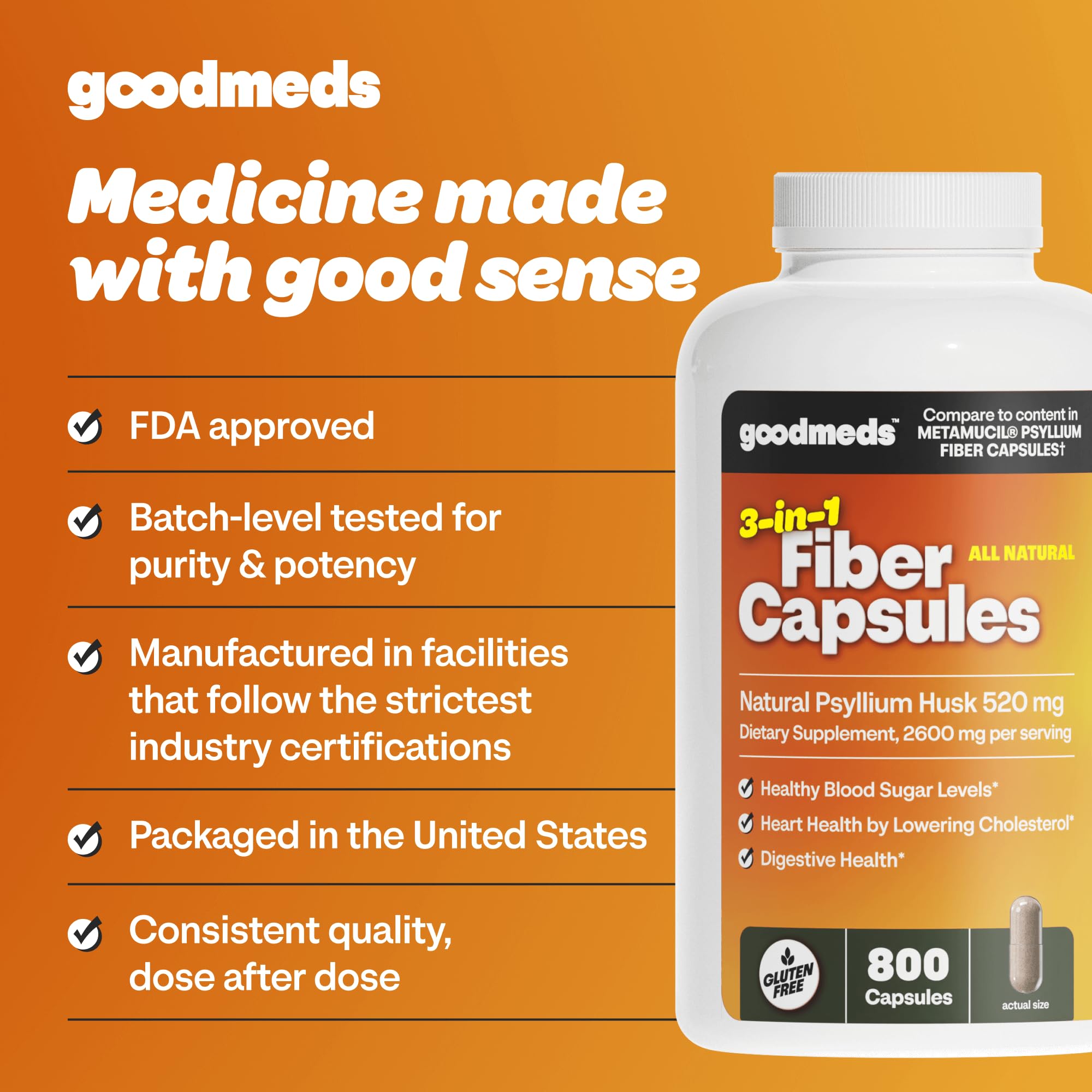 GoodMeds fibra soluble, botella de 800 cápsulas para largo plazo.