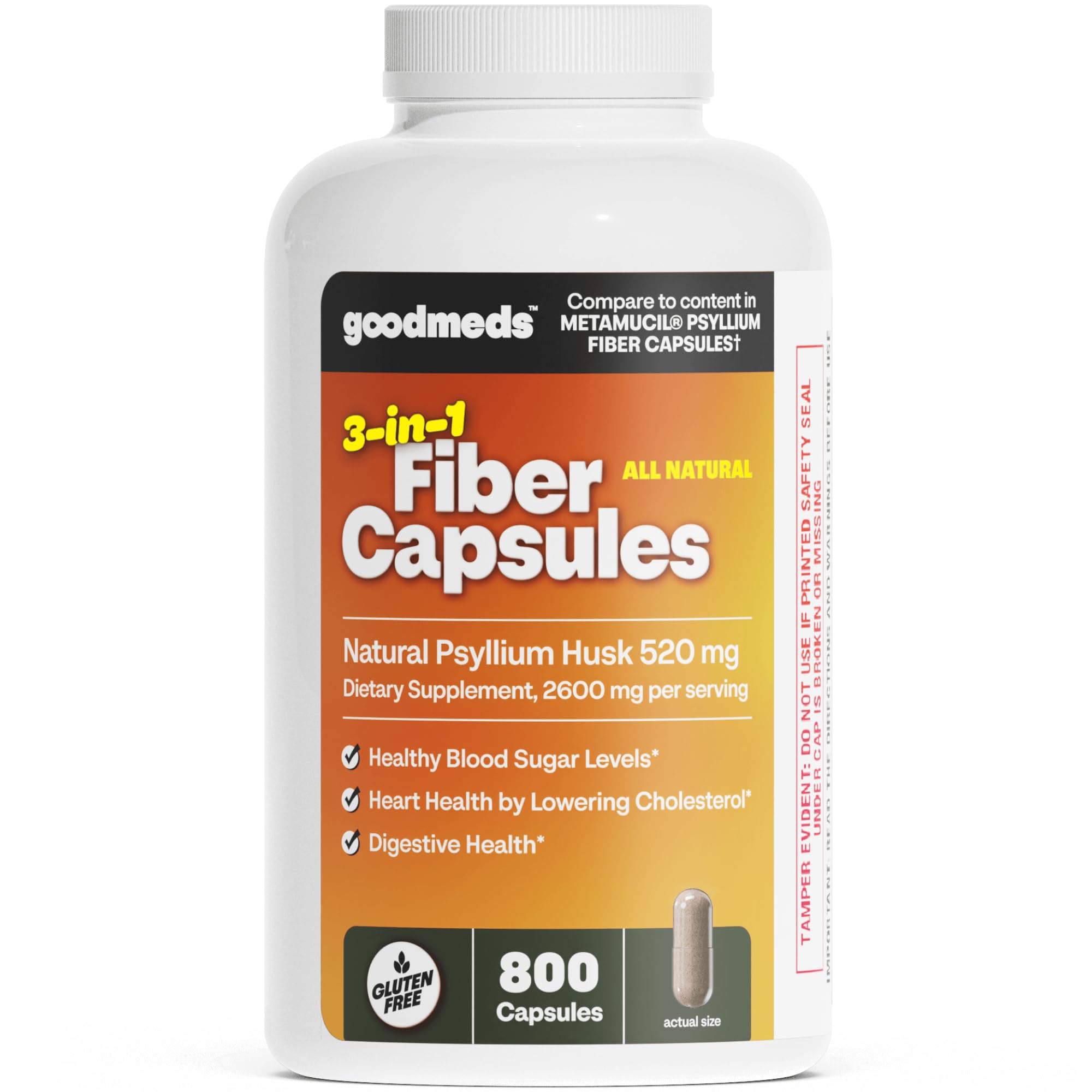 GoodMeds psyllium cápsulas frasco para apoyo digestivo diario sin sabor.