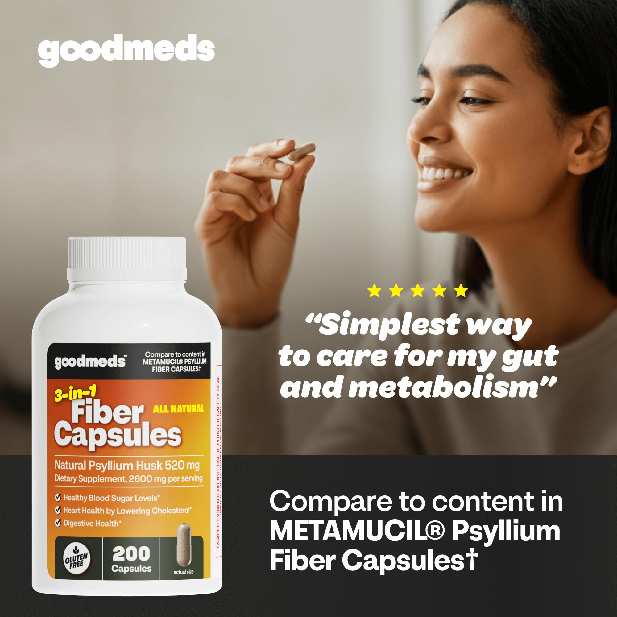 GoodMeds Psyllium Husk cápsulas, etiqueta legible, fácil dosificación diaria