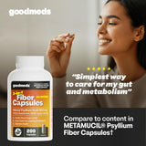 GoodMeds Psyllium Husk cápsulas, etiqueta legible, fácil dosificación diaria