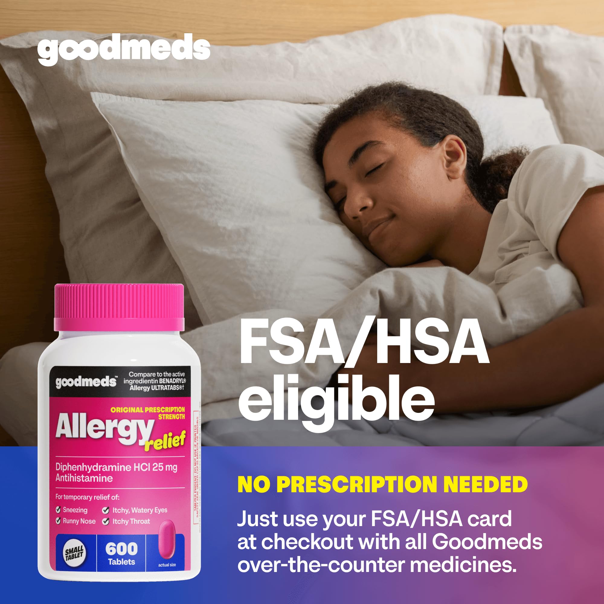 GoodMeds tabletas compactas, dosis simples para uso diario.