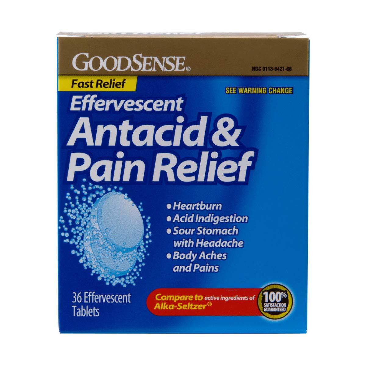 Goodsense alivio efervescente: pastillas azules para alivio de indigestión y dolor.