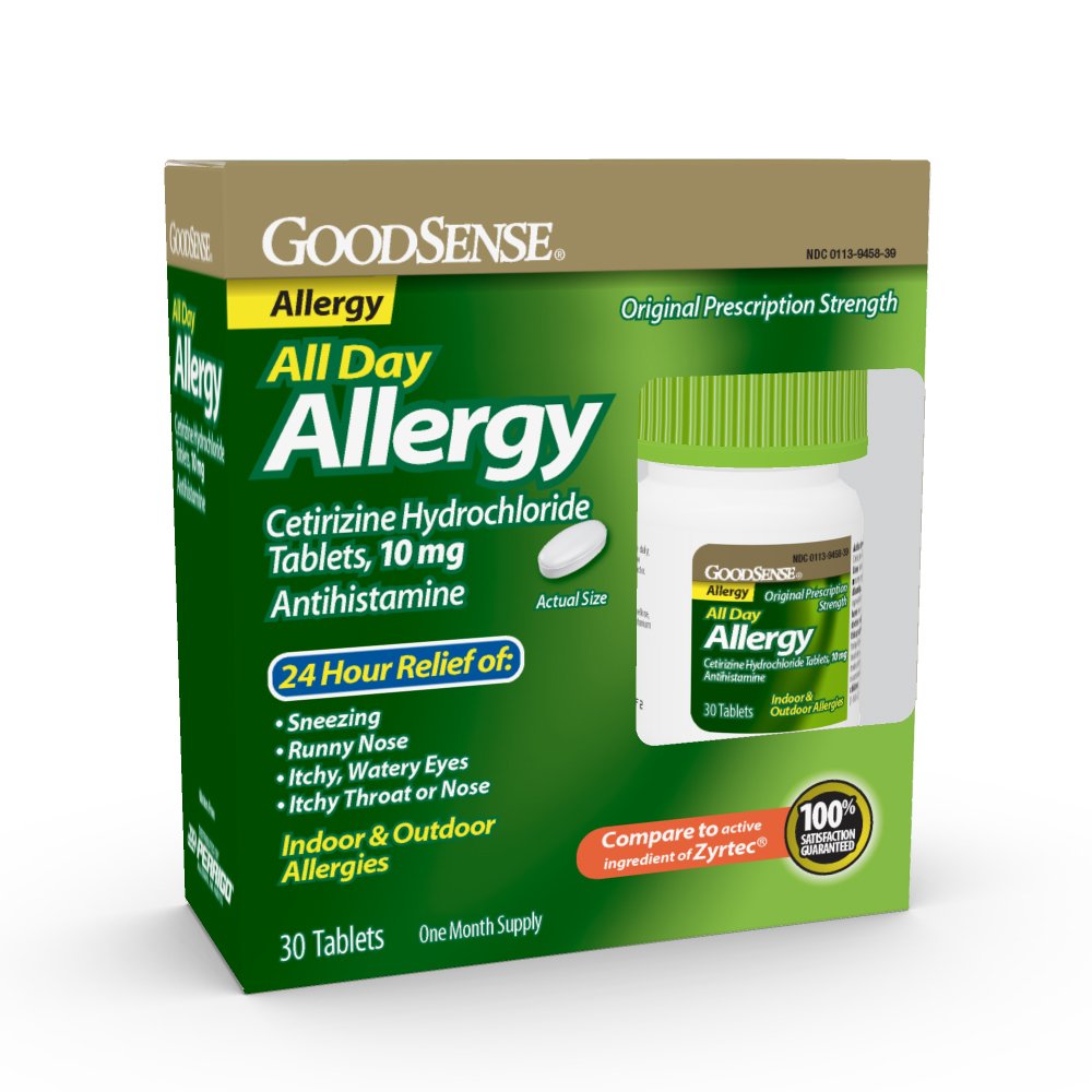 GoodSense All Day Allergy, frontal del envase, alivio diario para estornudos e irritación.