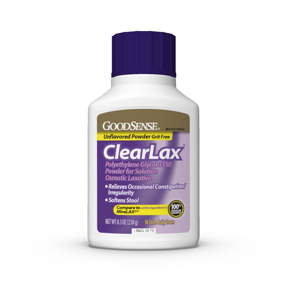 GoodSense ClearLax envase: fácil uso para alivio ocasional del estreñimiento.