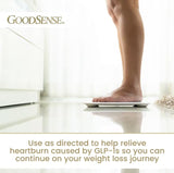 Caja frontal de GoodSense Esomeprazol 20 mg, guía clara de dosificación