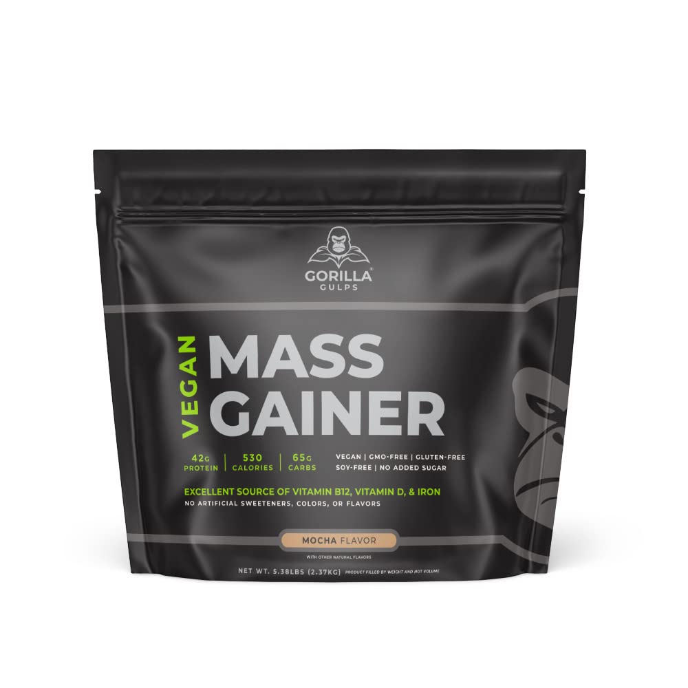 Gorilla Gulps Mocha: botella de masa vegana para crecimiento muscular.