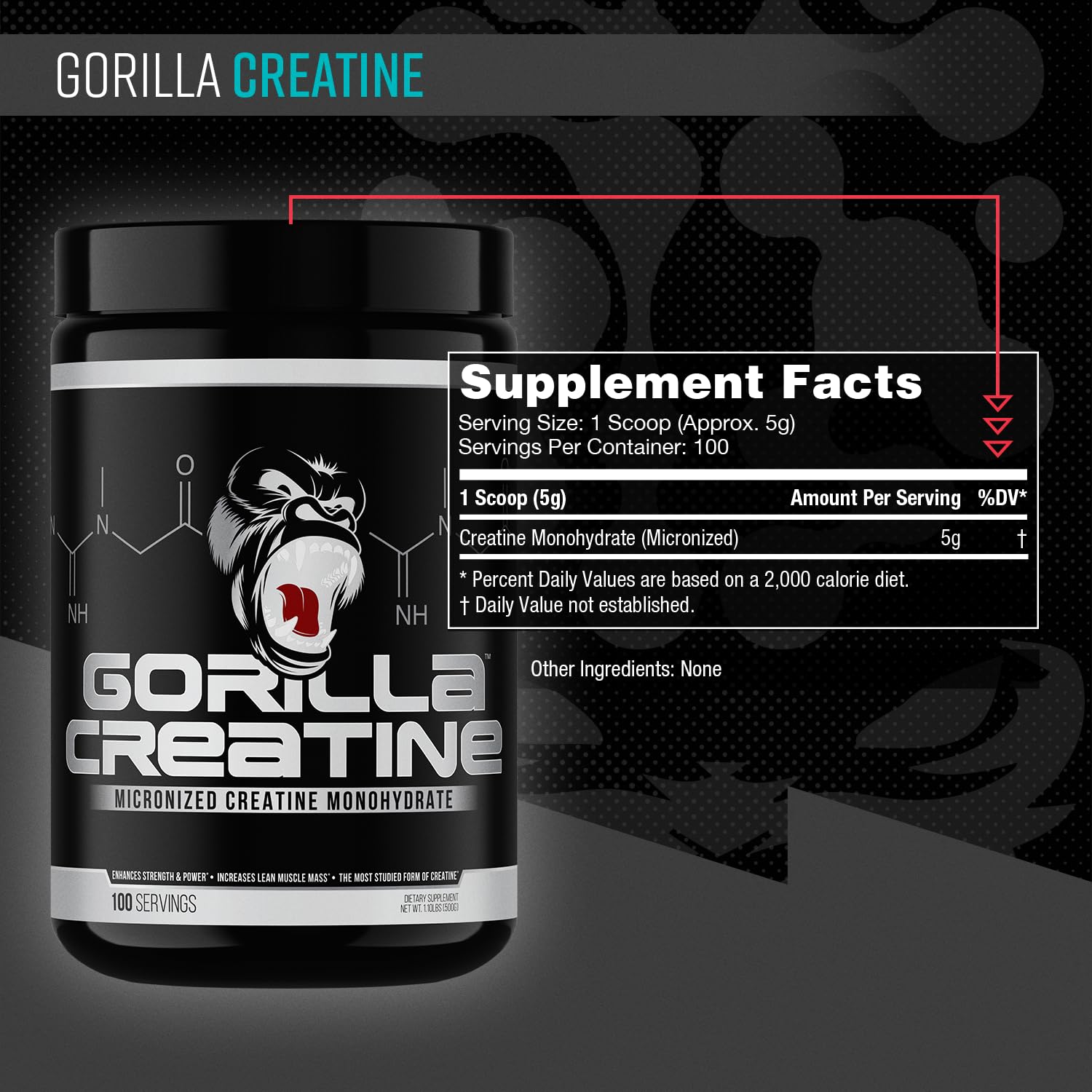 Gorilla Mind Creatina Monohidratada, porcion-medida facilita tomar 5 g por sesión