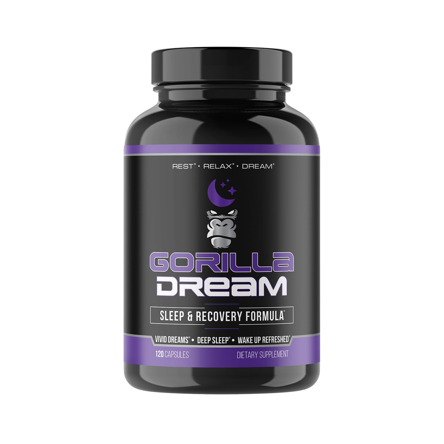 Gorilla Mind Dream, botella de cápsulas, apoyo al sueño profundo y recuperación.