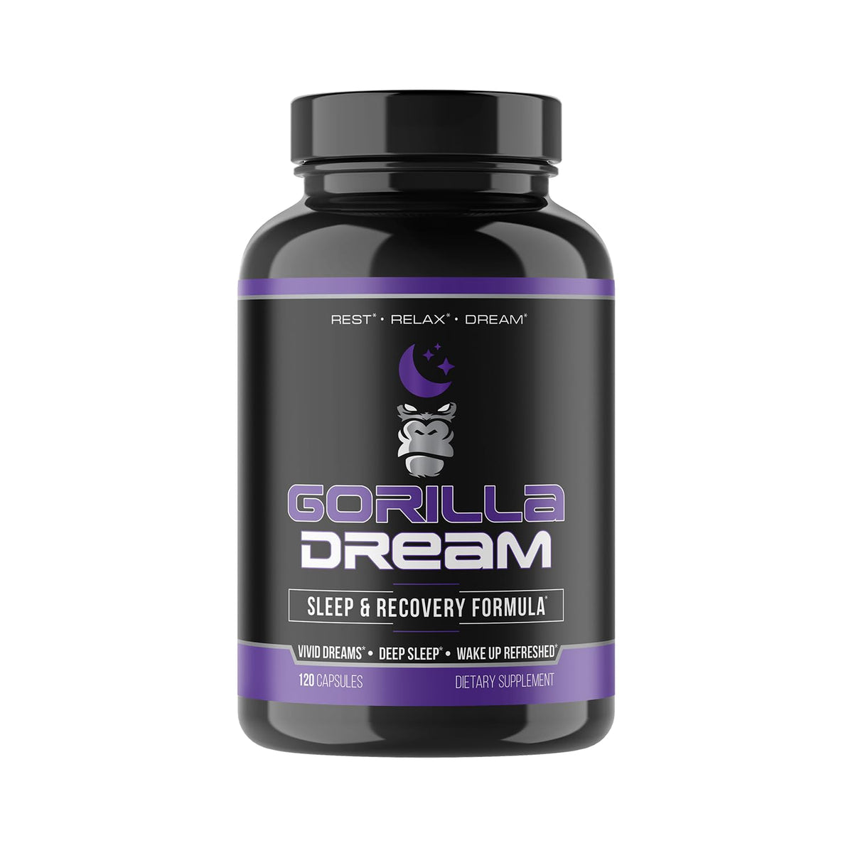 Gorilla Mind Dream, botella de cápsulas, apoyo al sueño profundo y recuperación.