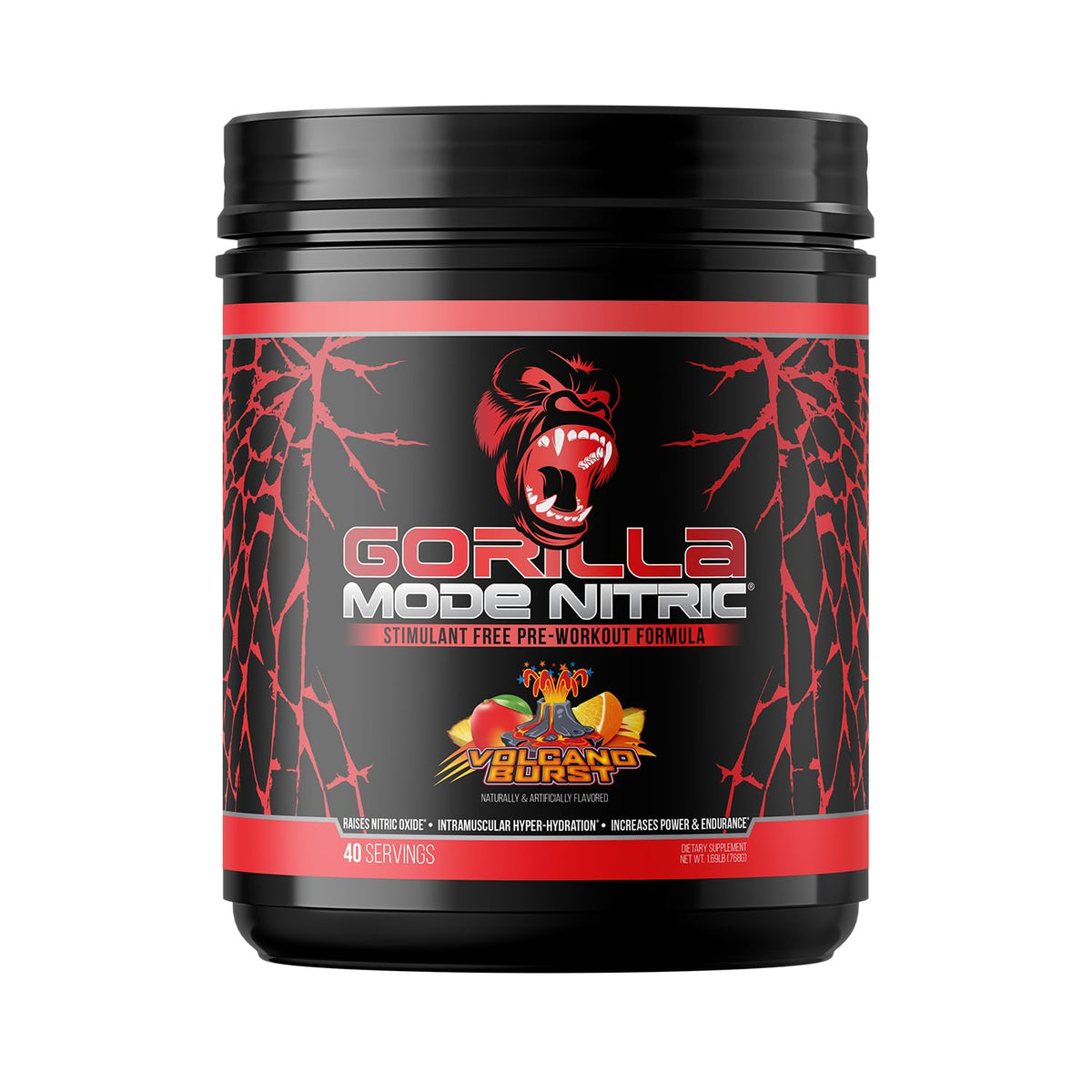 Gorilla Mind Gorilla Mode Nitric Upgraded: envase con erupción volcánica para rendimiento intenso.