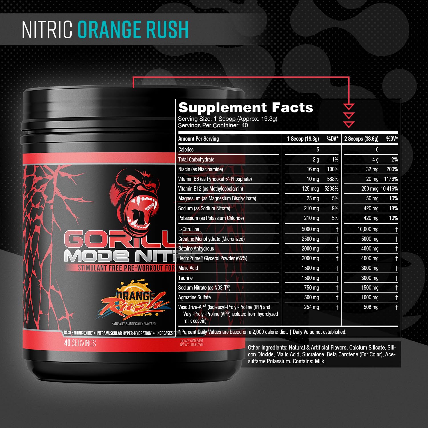 Gorilla Mind Gorilla Mode Nitric Upgraded, sabor naranja-rush y mezcla suave para entrenos constantes