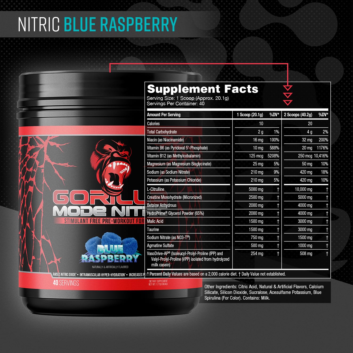 Gorilla Mind Gorilla Mode Nitric Upgraded sin estimulantes, dosis medidora para uso preciso
