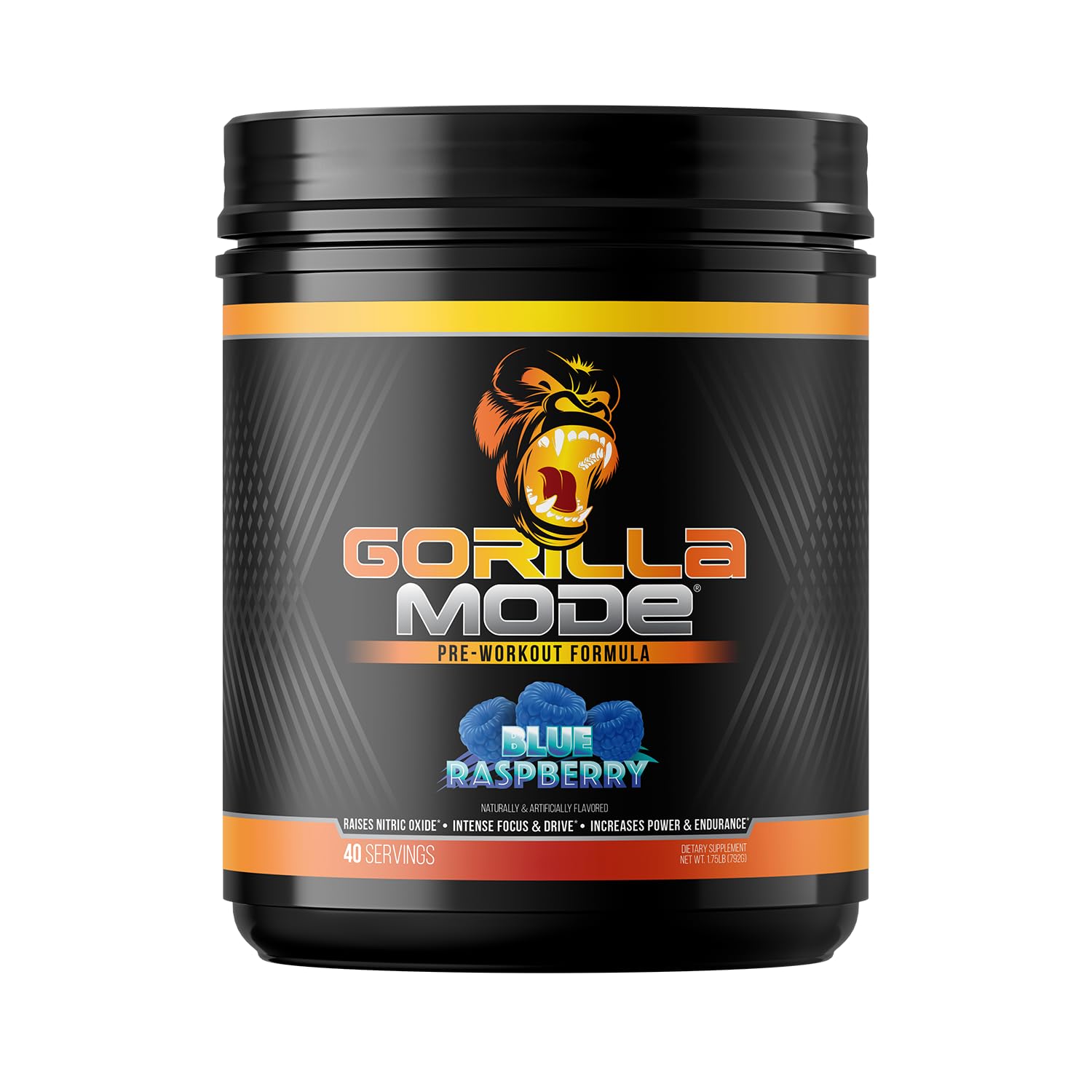 Gorilla Mind Gorilla Mode Pre-Entrenamiento botella azul mostrando bombeo potente para entrenos intensos