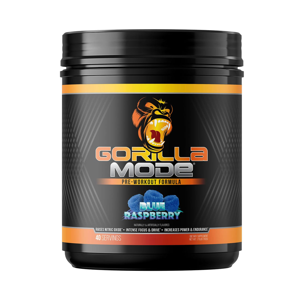 Gorilla Mind Gorilla Mode Pre-Entrenamiento botella azul mostrando bombeo potente para entrenos intensos
