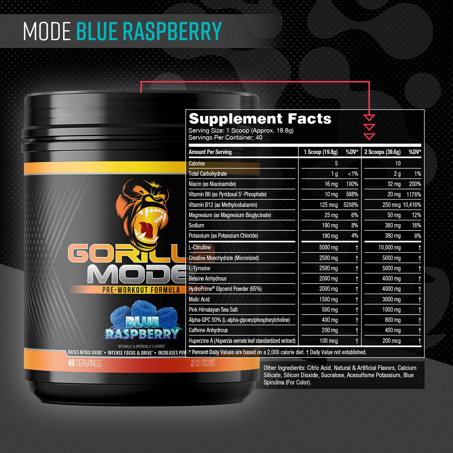 Gorilla Mind Gorilla Mode Pre-Entrenamiento envase azul y sabor Frambuesa Azul