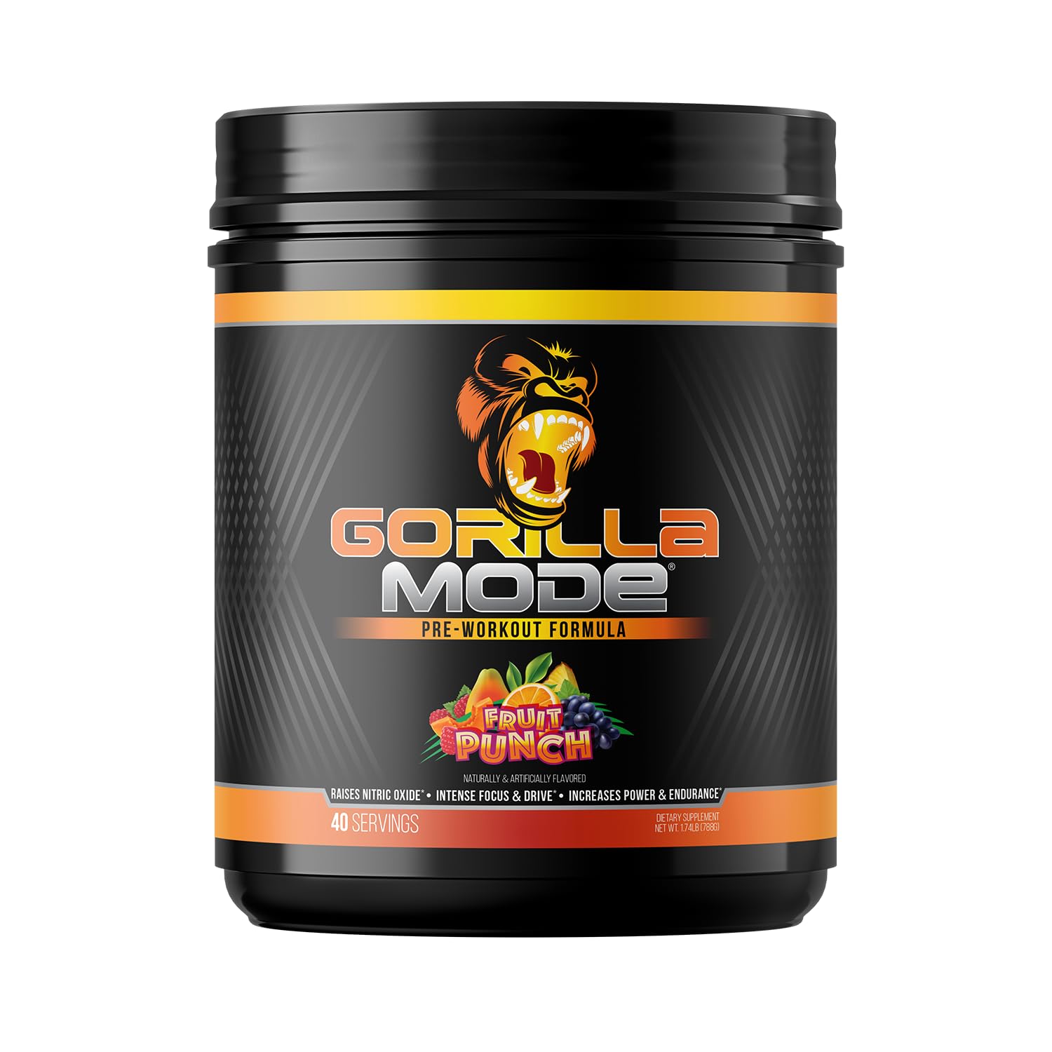 Gorilla Mind Gorilla Mode Pre Workout, botella sabor Fruta Punch para energía sostenida.