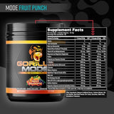 Etiqueta Gorilla Mind Gorilla Mode Pre Workout con Fruta Punch y componentes clave.