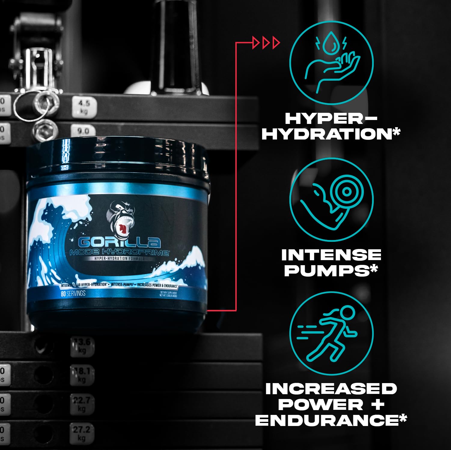 Escena en gimnasio con HydroPrime preparado para entrenamiento.