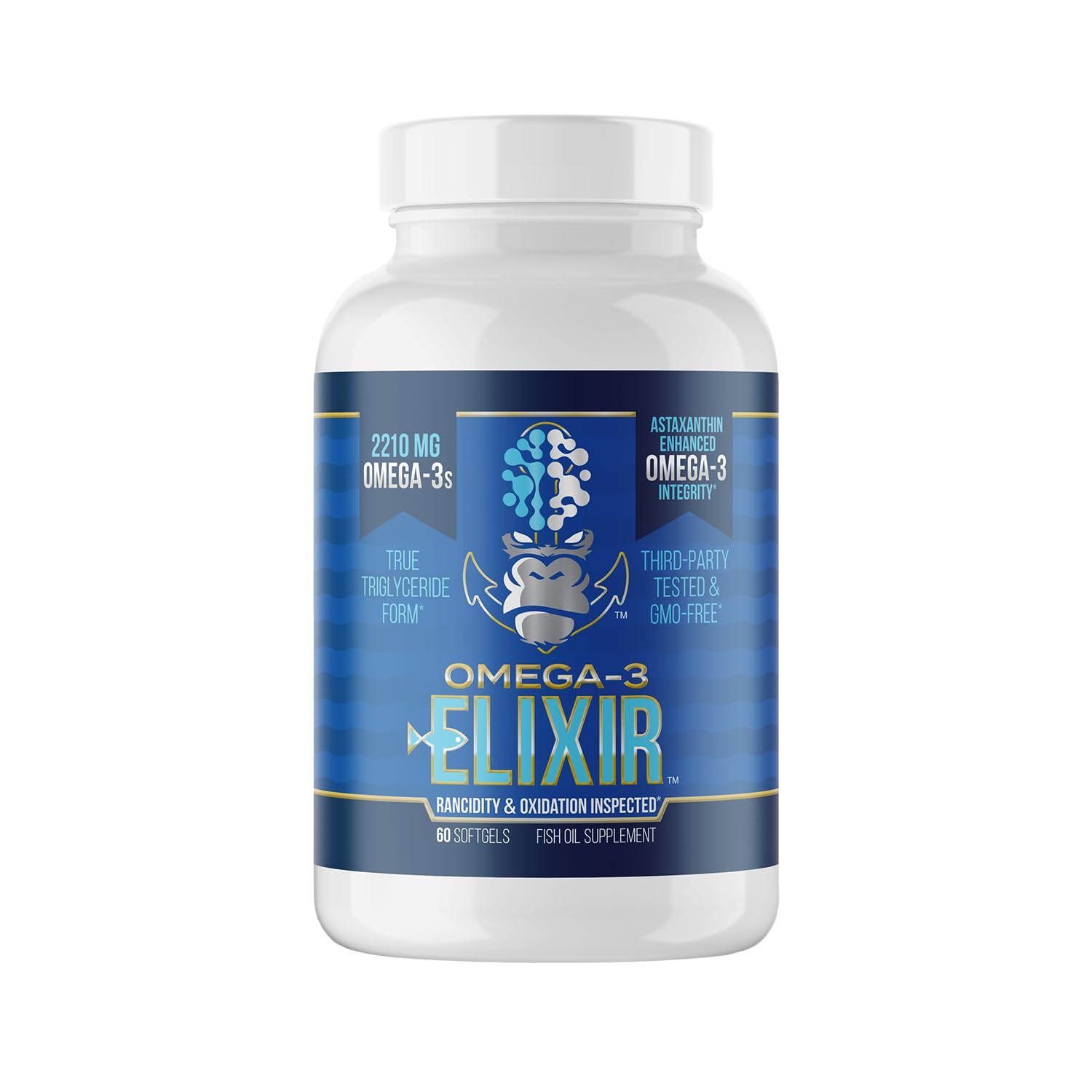 Gorilla Mind Omega-3 Elixir: botella con cápsulas fáciles de tragar y frescura garantizada