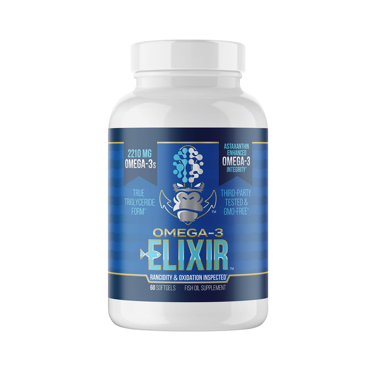 Gorilla Mind Omega-3 Elixir: botella con cápsulas fáciles de tragar y frescura garantizada