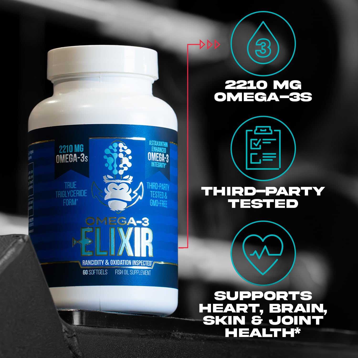 Gorilla Mind Omega-3 Elixir: etiqueta informativa que transmite confianza y pureza