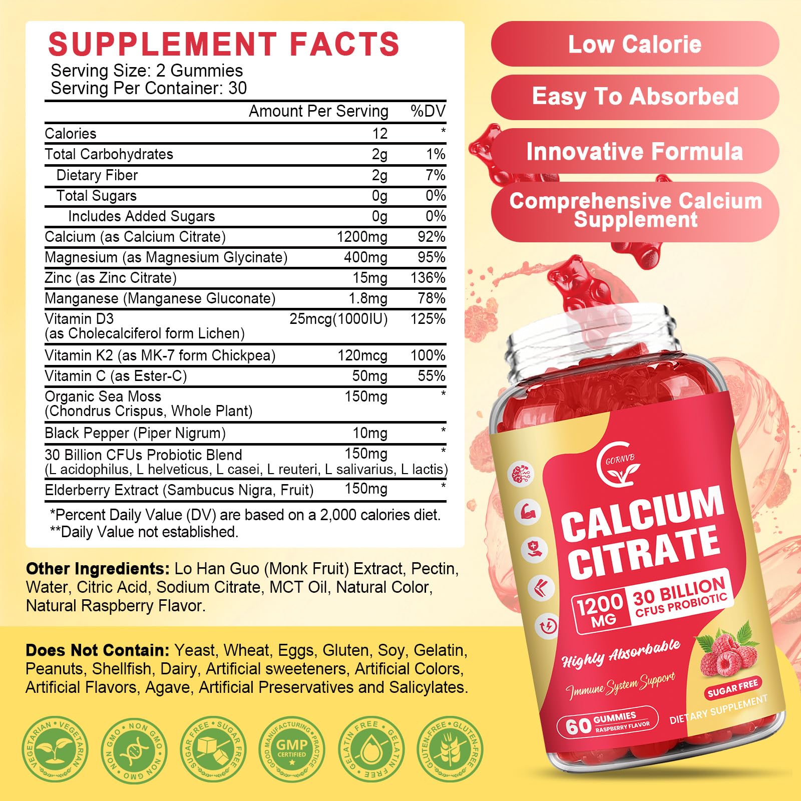 GORNVB Calcium Citrate Gominolas, sabor frambuesa, ingesta diaria fácil y agradable.
