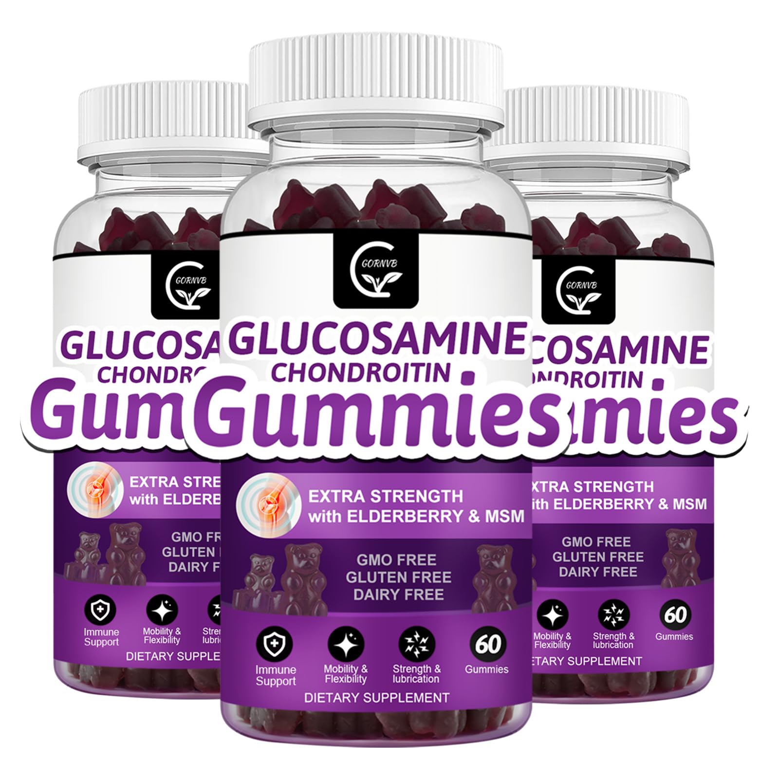 GORNVB gomitas glucosamina-condroitina con MSM, frente de la lata, apoyo a la movilidad cotidiana