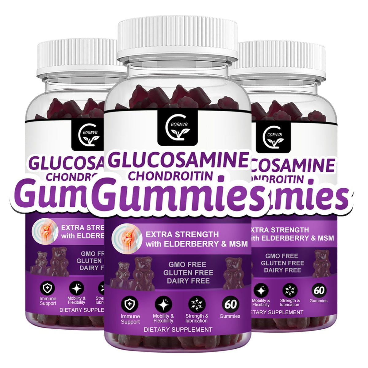 GORNVB gomitas glucosamina-condroitina con MSM, frente de la lata, apoyo a la movilidad cotidiana