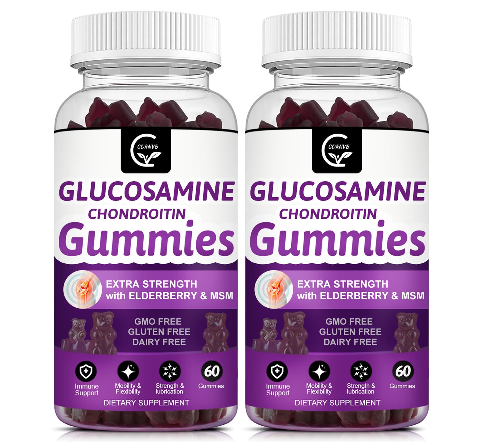 GORNVB gomitas glucosamina-condroitina MSM sabor frambuesa, envase práctico para uso diario.