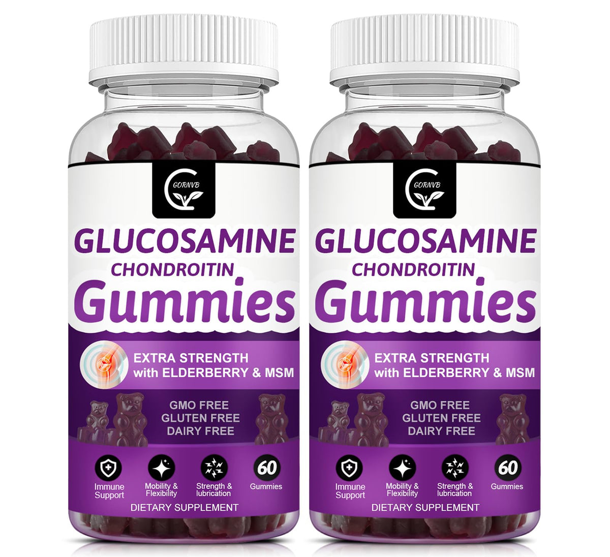 GORNVB gomitas glucosamina-condroitina MSM sabor frambuesa, envase práctico para uso diario.