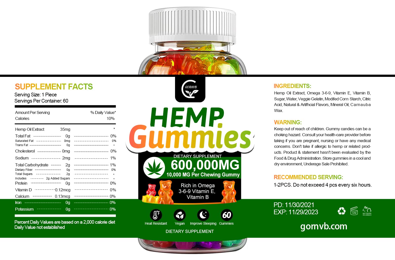GORNVB gomitas hemp para apoyo al sueño y descanso suave