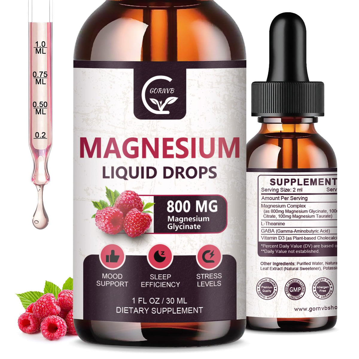 GORNVB gotas magnesio glicinato 1000 mg sabor frambuesa para uso diario