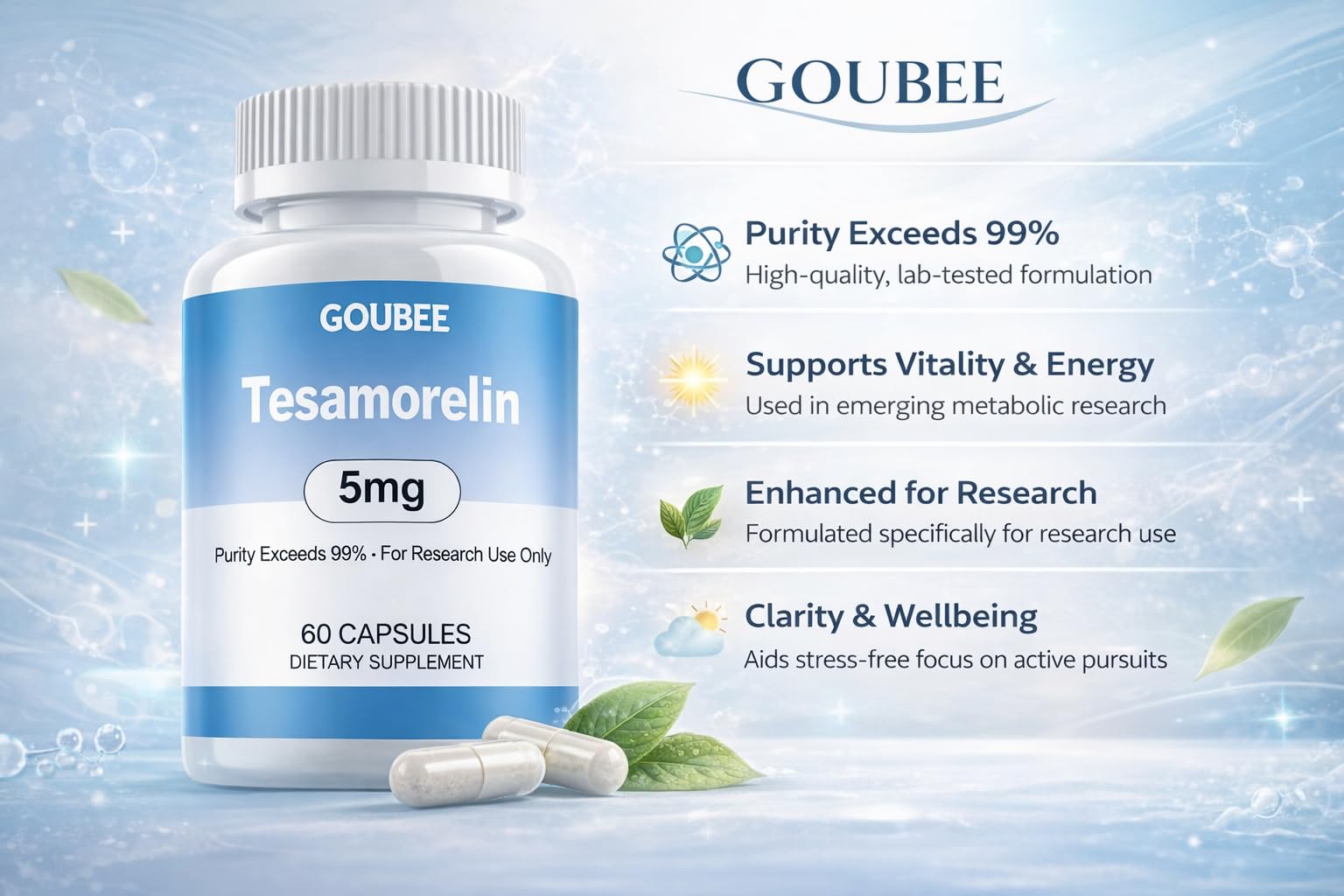 GOUBEE TESAMORELIN cápsulas de 5 mg, listas para ensayos en laboratorio.