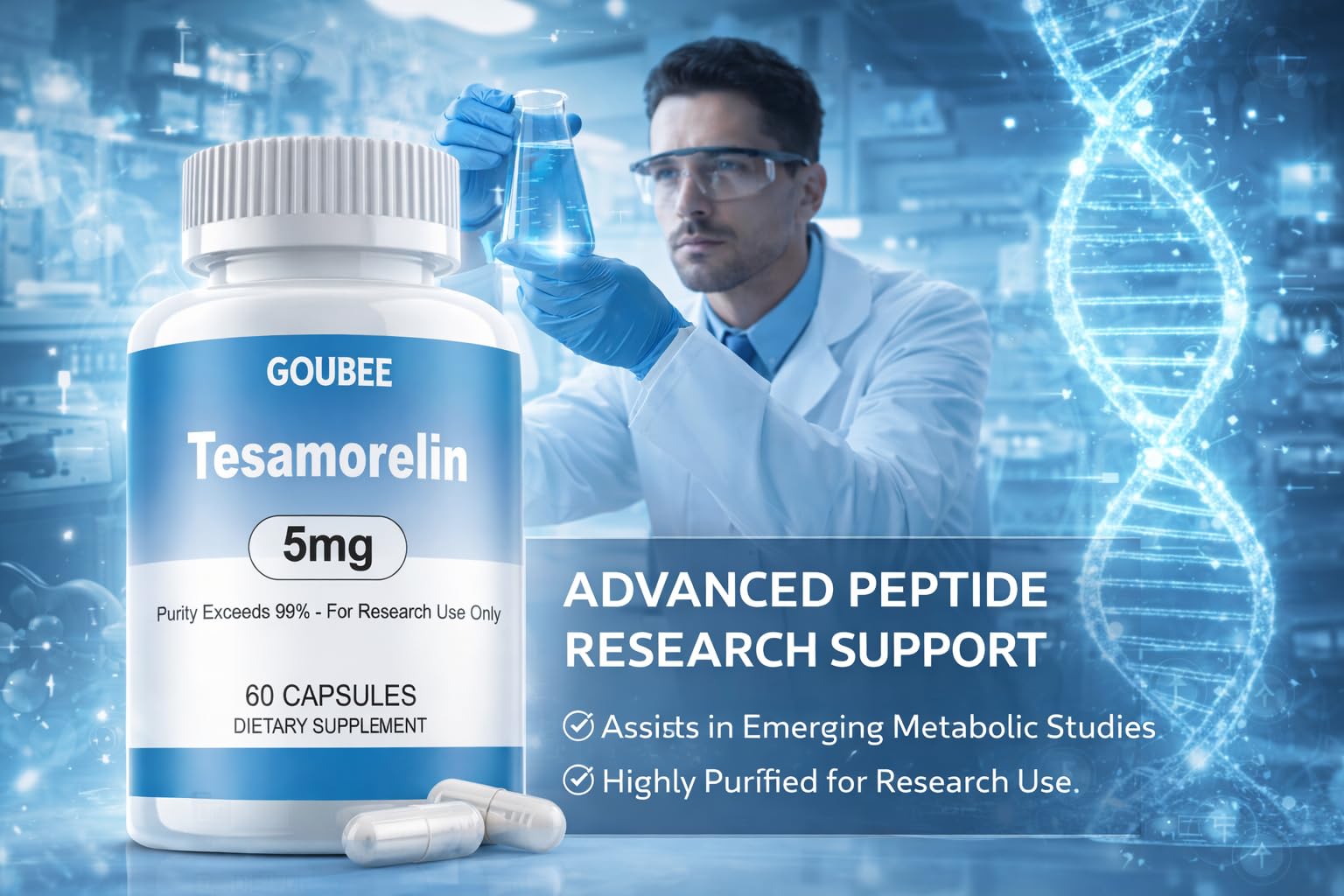 GOUBEE TESAMORELIN etiqueta de lote, facilita trazabilidad en investigación.