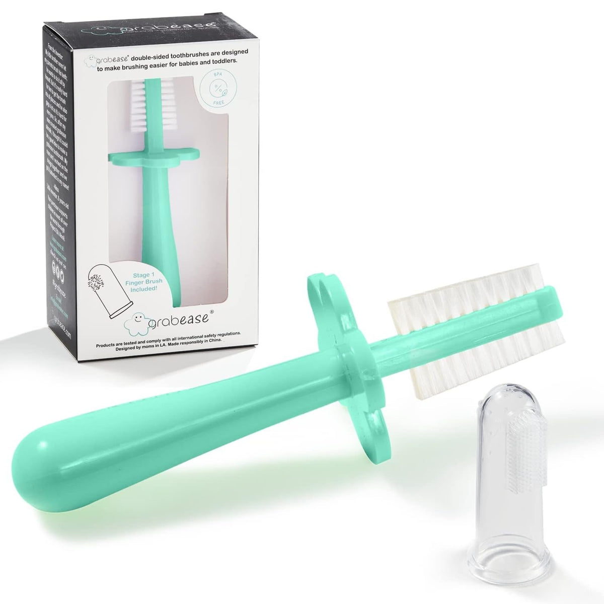 Grabease cepillo doble cara para bebés, ofrece limpieza cómoda y eficiente.